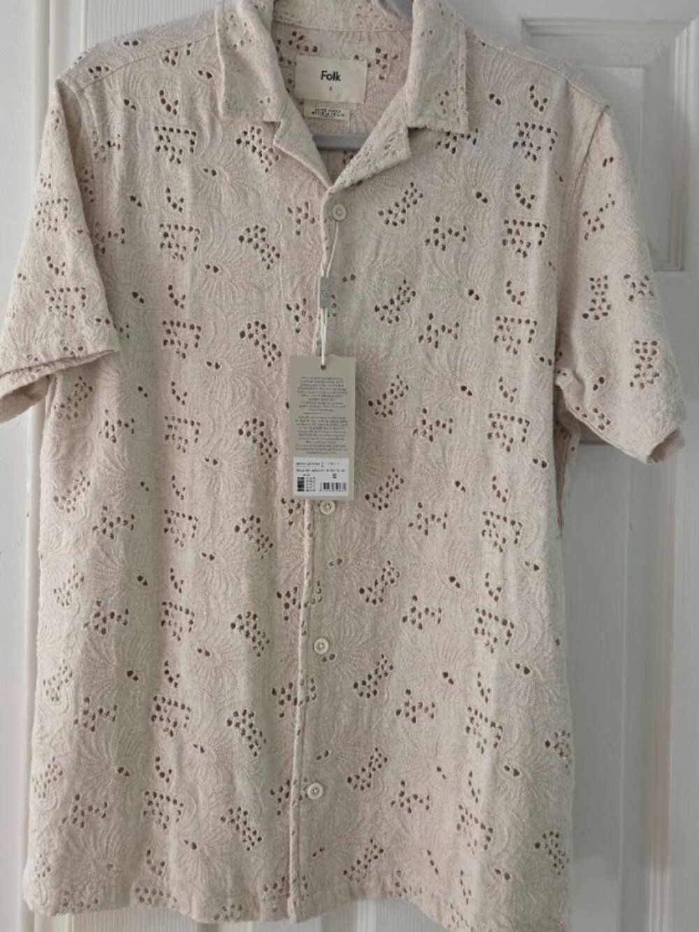 FOLK Linen Blend Eyelet Broderie Anglaise Short Sleeve Camp Shirt Beige Size S
